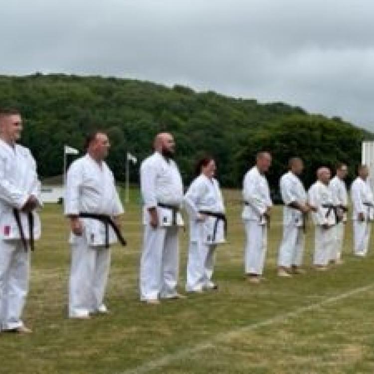 Ready for Dan Grading. L to R: James O'Connor, Mike Aldridge, Aaron Benton, Sara Benton, Trevor Starkey, Pete Saunders, Phil Webb, Calum Mendham, Steve Hensman