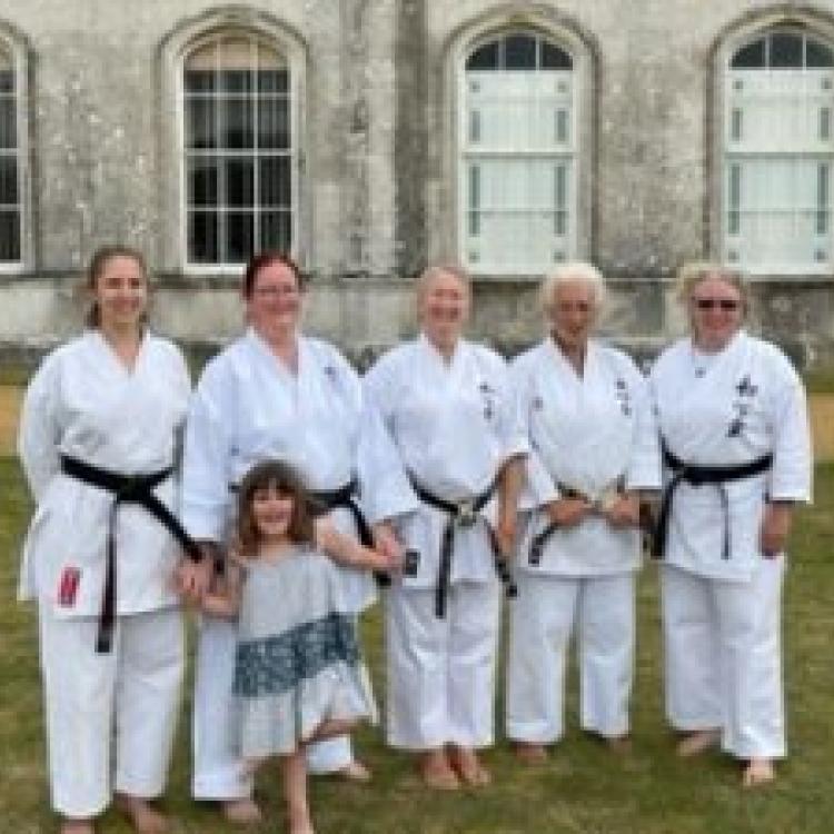 L to R: Lizzie Hensman 2nd Dan; Sara Benton 3rd Dan & Alice; Sensei Alison Thompson 6th Dan; Sensei Annette Turpin 6th Dan; Andrea Hutchens 5th Dan